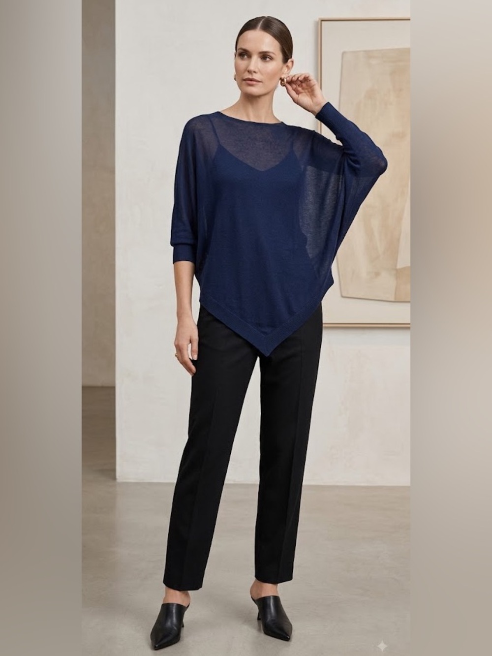 MAX MARA Designer Weekend Navy Blue, Asymmetrical Top, Size Medium Batwing Style